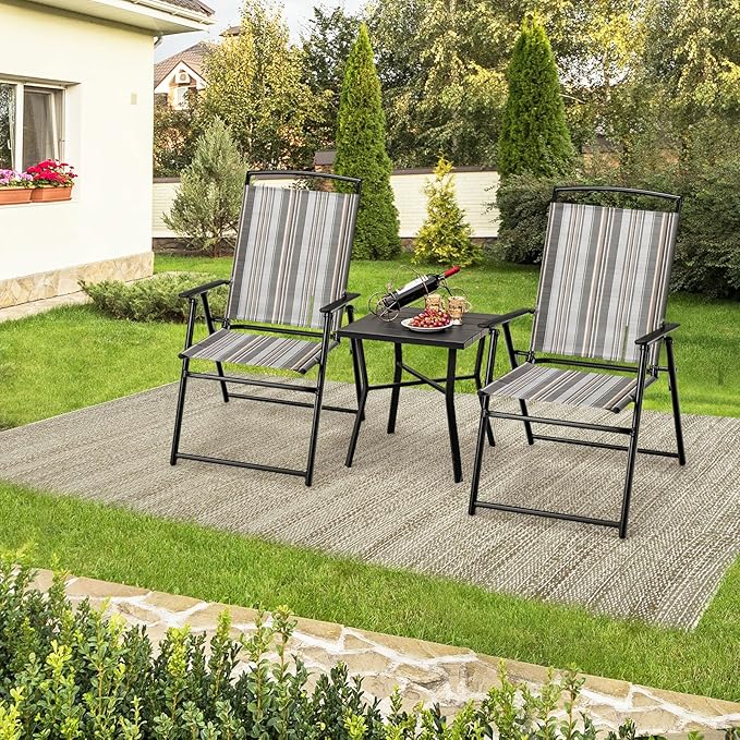 Giantex Patio Chairs Set of 4, Outdoor Folding Chairs with Armrests, Metal Frame, Outside Foldable Dining Chairs for Lawn Deck Porch Beach Yard (Stripe Pattern & Black)