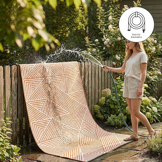 Fab Habitat Outdoor Rug - Waterproof, Fade Resistant, Crease-Free, Reversible - Premium Recycled Plastic - Modern Geometric - Large Patio, Deck, Sunroom, Camping, RV - Tokyo - Burnt Orange - 8 x10 ft