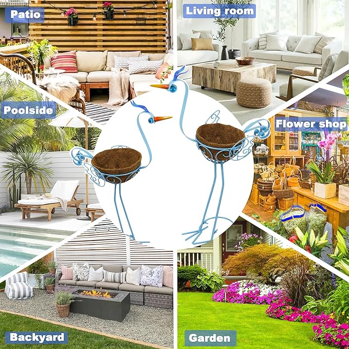 J-Fly 2 Sets Pelican Metal Flowers Plant Holders Stand with Coconut Pots, Plants Stand Indoor Flower Pots Outdoor, Room Home Living Room Front Outdoor Patio Decor, Gardening Valentine Decoration Gifts