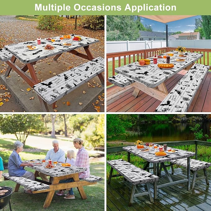 Picnic Table Cover with Bench Covers Camping Essentials Waterproof Windproof Camping Tablecloth with Drawstring Bag, Fitted Rectangle Tables and Seats, 60in, White