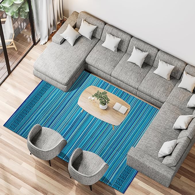 Reversible Outdoor/Indoor Plastic Rug Plastic Straw Rug Waterproof Portable Mat, Easy to Clean and Fold,Perfect for Garden, Patio, Picnic, Decking-(Sky Blue,8x10Ft)