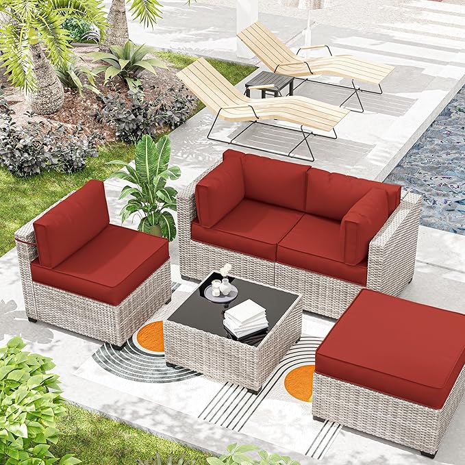 Outdoor Cushions for Patio Furniture with 5 Pillows, Waterproof Patio Furniture Cushions Replacement, 4" Deep Seat Outdoor Sectional Cushions for 4-seat Patio Furniture Chair Sofa Couch,Terra Red