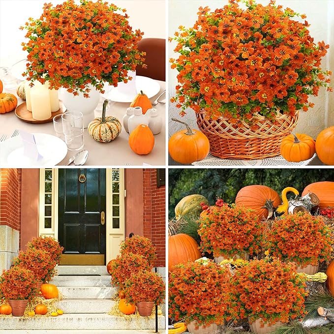 16 Bundles Artificial Mums for Outdoors Garden Home Decoration Fake Mums Decoration UV Resistant Lifelike Faux Silk Daisy for Outside Home Planter Front Porch Patio Thanksgiving Decor Thanksgiving