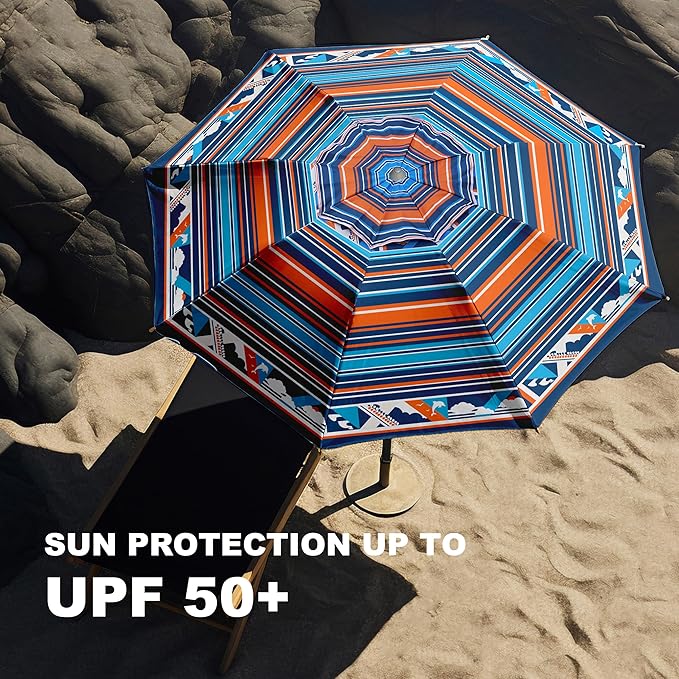 AMMSUN 7ft Heavy Duty High Wind Beach Umbrella Parasols with sand anchor & Tilt Sun Shelter, UV 50+ Protection Outdoor Sunshade Umbrellas Carry Bag for Patio Garden Pool Backyard Multicolor