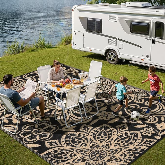 Findosom Waterproof Outdoor Rug 6' x 9' - Reversible Mandala Outdoor Plastic Straw Rug, Durable Foldable Patio Rug for RV, Deck, Balcony, Backyard, Picnic, Porch, Camping, Beach, Black