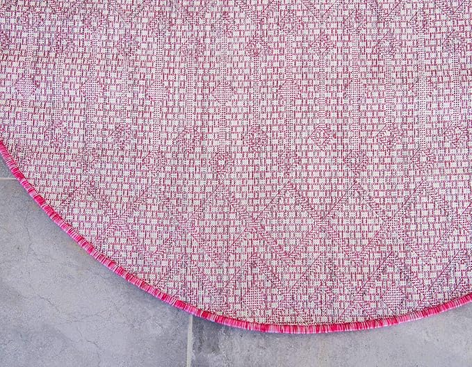 Unique Loom Outdoor Trellis Collection Area Rug - Tribal Trellis (4' 1" Round, Fuschia/ Gray)