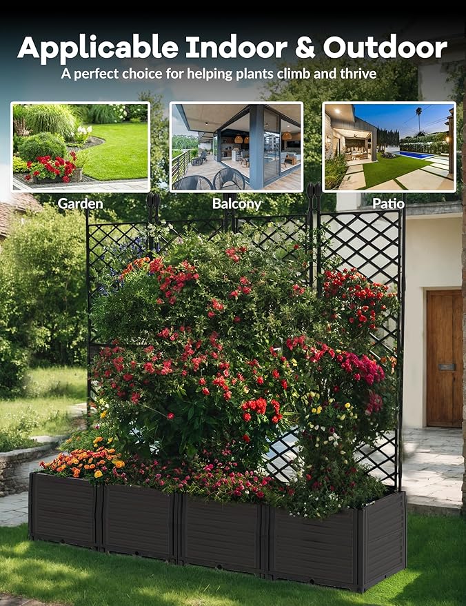 4 PCS Raised Garden Bed with Trellis, 65"LX16"WX63"H Plastic Planter Box for Climbing Plants, Outdoor Vertical Garden with Privacy Screen for Patio, Balcony, Backyard – Sturdy & Lightweight