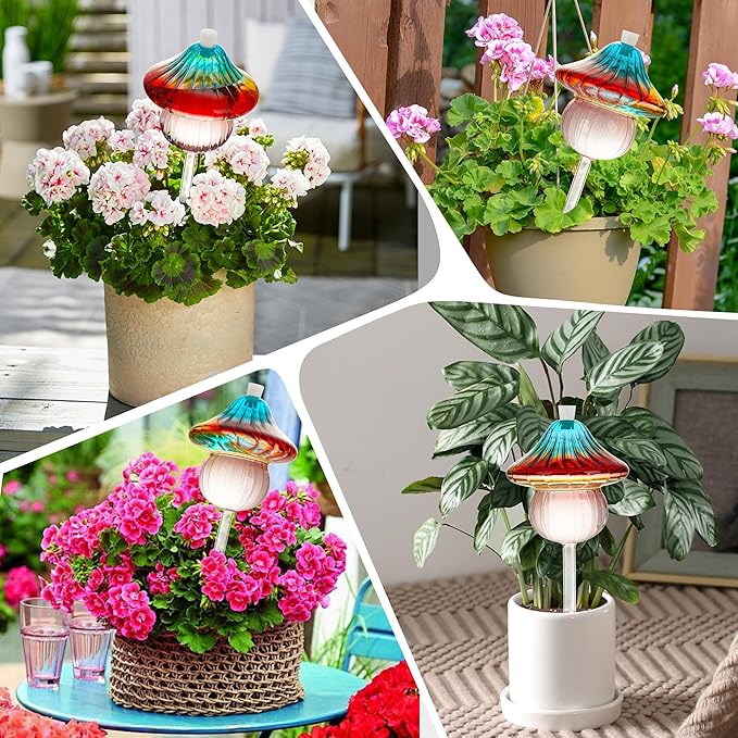11 oz Large Plant Watering Globes Mushroom, Gradient Color Glass Watering Bulbs, Self Watering Planter Insert, Self Watering Globes - Vacation Plant Watering Devices for Travel (Large 4-Pack)