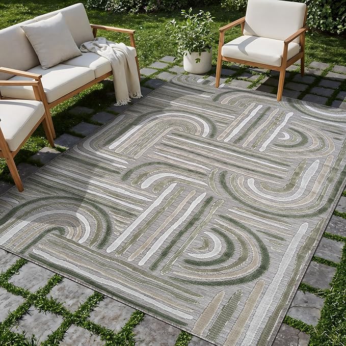 CAMILSON Indoor Outdoor Rug, Beige 6x9 Geometric Arch Striped Area Rugs for Patio and Home Areas, Easy-Cleaning Non-Shedding Living Room, Garden and Deck Washable Outside Carpet (6 x 9)