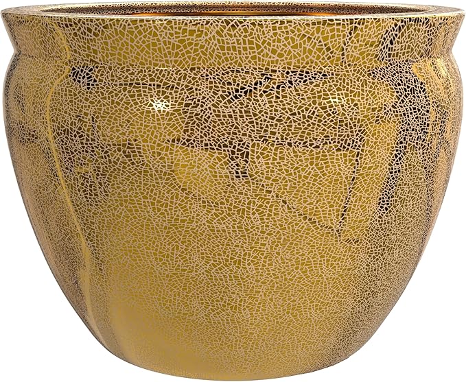 Red Lantern 12" Gold Crackle Fishbowl Planter or Cachepot for Indoor/Outdoor Use in Garden Entryway Living Room Boho Eclectic Modern Contemporary Classic Traditional Style Decor