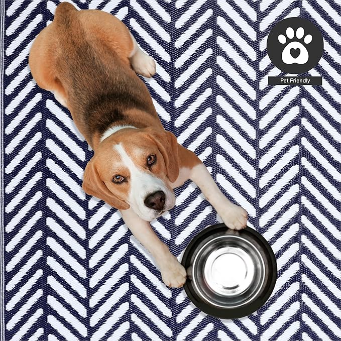 FH Home Outdoor Rug - Waterproof, Fade Resistant, Reversible - Premium Recycled Plastic - Herringbone - Patio, Deck, Porch, Balcony, Laundry Room - Fresno - Navy Crease Free - 4 x 6 ft
