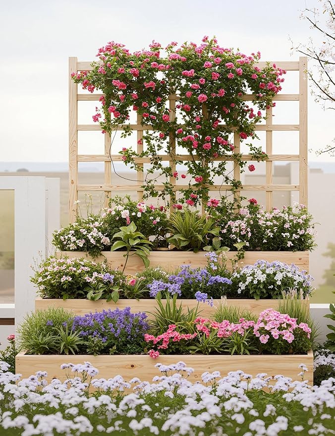 Space-Saving 3-Tier Wood Planter Box with Attached Trellis, Vertical Raised Garden Bed for Climbing Vines, Vegetables, Fruits, Herbs, Open Bottom Drainage for Patio, Deck, Balcony Gardening