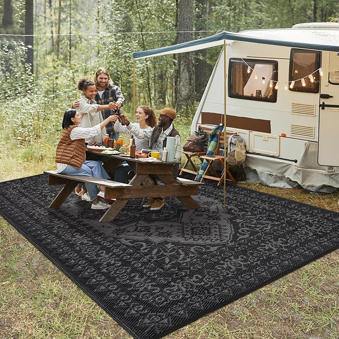 COZYLOOM Outdoor Patio Rugs 8x10 Waterproof Reversible Plastic Straw Mat, Large Vintage Medallion Boho Area Rug Indoor Outdoor Rugs for Deck, Balcony, Pool, Camping, Beach, Picnic, Porch, RV