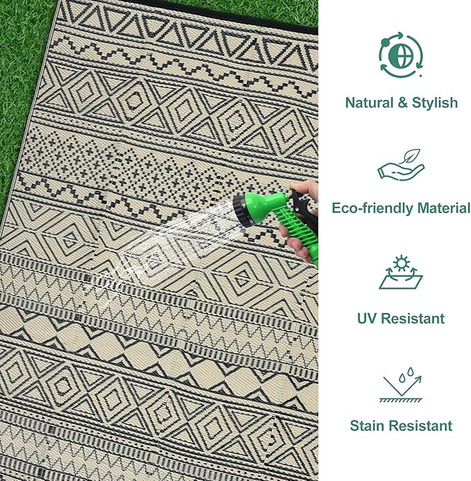 GarveeLife Outdoor Rugs 6x9 Waterproof Plastic Straw Rug, UV Resistant Rug Foldable Carpet Portable Lightweight Outdoor Mat for Backyard, Balcony, Garden, Camping, Black & Coffee