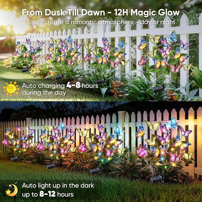 Solar Lights Outdoor Garden Decor: Gardening Gifts for Women Mom - 2 Pack 34 Butterfly Solar Lights with Colorful Bulbs - Outside Waterproof Christmas Decorations for Yard Patio Pathway Porch Lawn