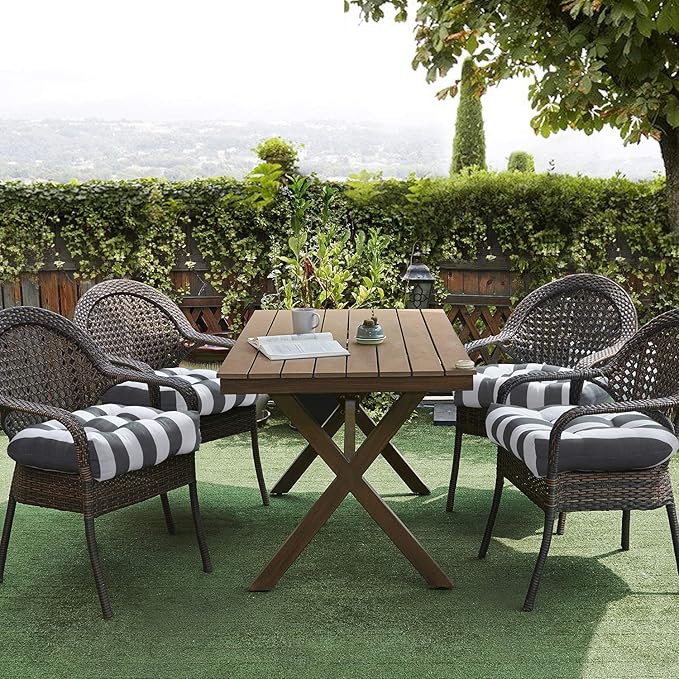 Sweet Home Collection Patio Cushions Outdoor Chair Pads Premium Comfortable Thick Fiber Fill Tufted 19" x 19" Seat Cover, 19" x 19" x 5", Havana Silver/White 4 Count