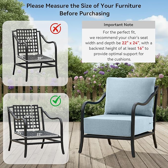 6" Thick Outdoor Cushions 22x24x6, 2-Set Deep Seat Patio Cushions with Removable Cover, Waterproof & Fade Resistant Replacement for Wicker Chair, Loveseat, Sofa - Baby Blue