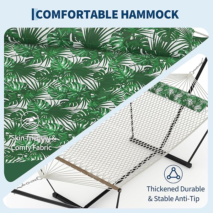 Double Hammock with Heavy-Duty Steel Stand, 2 Person Portable Hammock, 450LBS Max Weight Capacity, Easy Assembly, Ideal for Indoor, Backyard, Camping & Outdoor Use