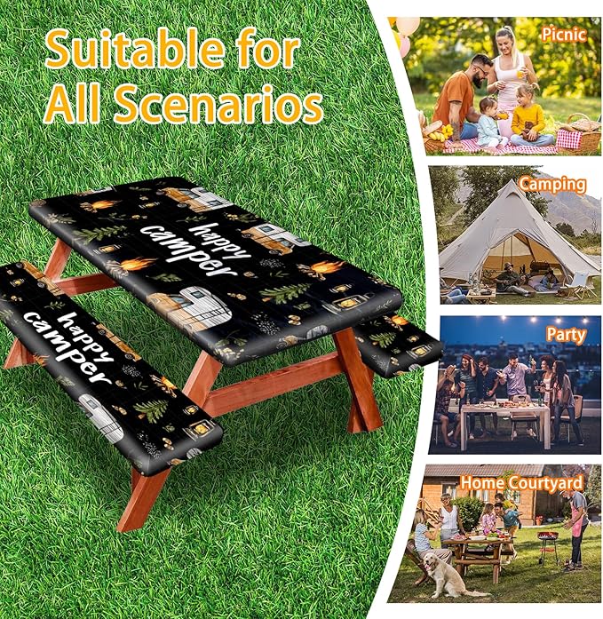 Picnic Table Cover with Bench Covers, Camping Essentials, Fitted Camping Tablecloth with Bag, Waterproof and oilproof with elastic Edge for Indoor Outdoor Patio, 72in (RV Camper)