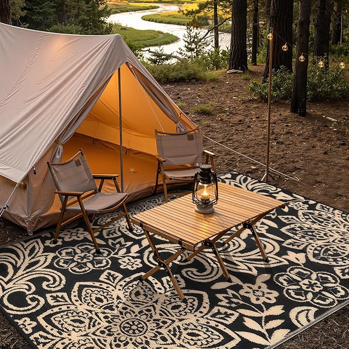 Findosom Waterproof Outdoor Rug 5' x 8' - Reversible Mandala Outdoor Plastic Straw Rug, Durable Foldable Patio Rug for RV, Deck, Balcony, Backyard, Picnic, Porch, Camping, Beach, Black