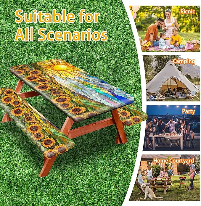 Picnic Table Cover with Bench Covers 72IN 6FT, Camping Essentials Tablecloth Waterproof Oilproof with elastic Edge for Indoor Outdoor Patio (Sunflower Sun)