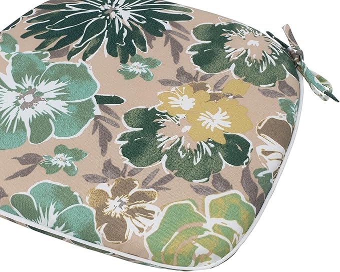 Magpie Fabrics 17"x16"x2" U-Shape Chair Cushions with Ties 2 Count, Outdoor Indoor Waterproof All Weather Seat Pads Decoration for Patio Garden Dining Office - Green Floral