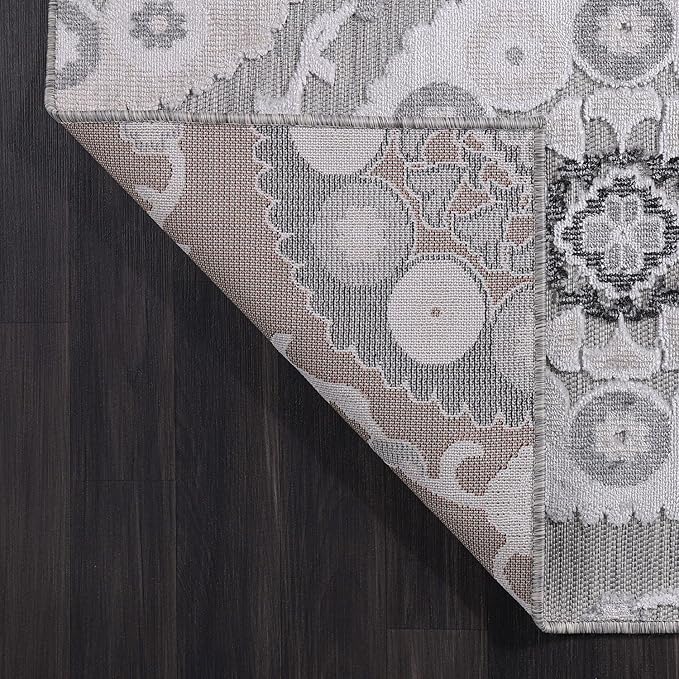 CAMILSON Indoor Outdoor Rug 10x14 Bohemian Medallion Floral Area Rugs for Indoor and Outdoor Patios Easy-Cleaning Non-Shedding Living Room Garden and Kitchen Washable Outside Carpet (10 x 14 / Gray)