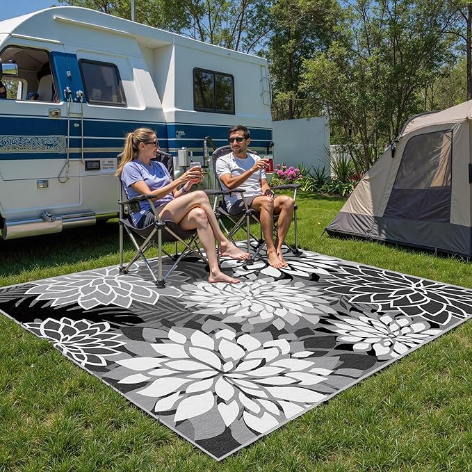 9x12 Outdoor Area Rug Washable Multicolored Patio Rug Tropical Botanical Floral Chenille Waterproof Outdoor Carpet Non-Slip for Deck, Backyard, Porch, Black