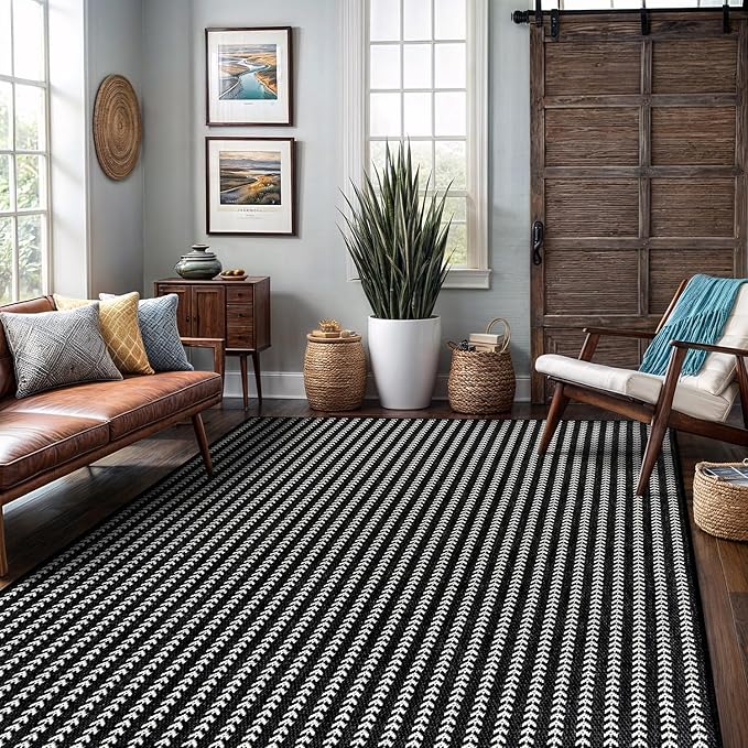 Washable Outdoor Rug 6x9 Modern Area Rugs Outdoor Carpets Striped Pattern Non Shedding Waterproof Easy Clean Patio Deck Porch Living Room Bedroom Garden RV (6 X 9 Black)