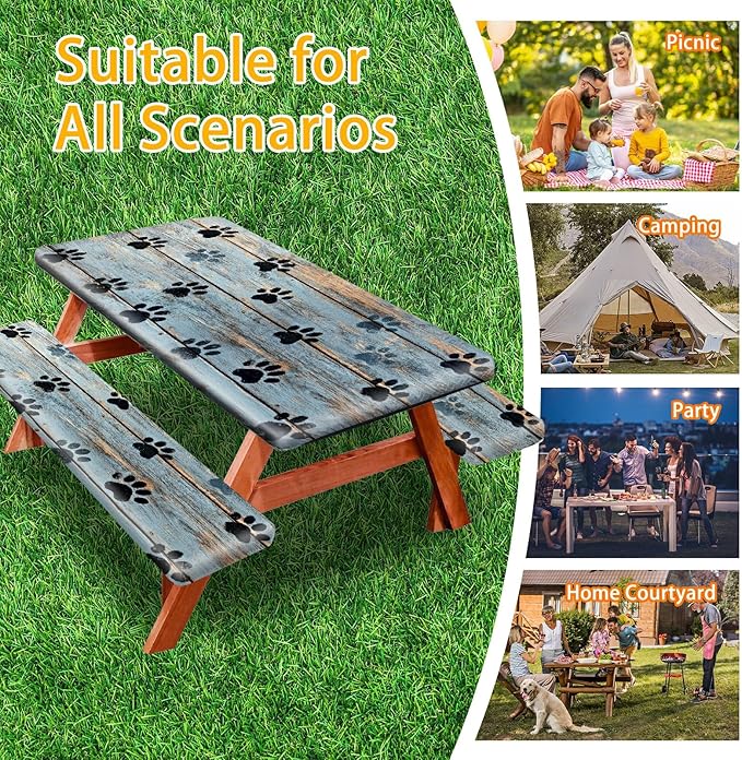 Picnic Table Cover with Bench Covers 72IN 6FT, Camping Essentials Tablecloth Waterproof Oilproof with elastic Edge for Indoor Outdoor Patio (Blue Wood Grain Paw)