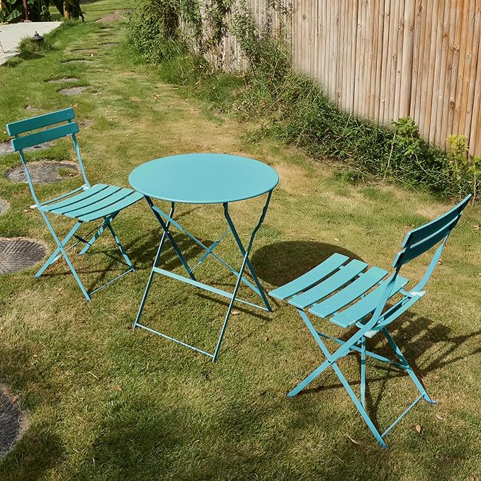 3 Piece Bistro Set, Folding Patio Furniture Set, Outdoor Table and Chairs Set for Patio, Garden, Balcony and Poolside,Peacock Blue