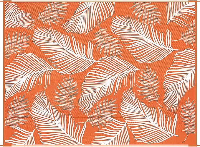Pauwer Waterproof Outdoor Rug 9x12, Reversible Plastic Straw Patio Camping Rug, Indoor Outdoor RV Mat Carpet for Deck, Camper, Porch, Balcony, Backyard, Picnic, Leaf Orange