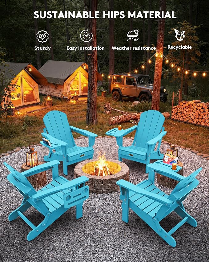 SERWALL Folding Adirondack Chair Set of 4, Outdoor Adirondack Chairs with 4 in 1 Cup Holder, Wood Texture Patio Chairs, Weather Resistant Fire Pit Chairs for Patio Deck Garden, Backyard - Aruba Blue
