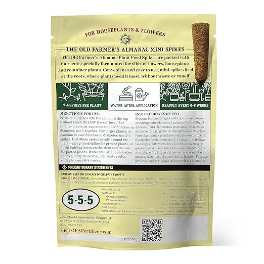 The Old Farmer's Almanac Houseplant & Flower Plant Food Mini Spikes - NPK 5-5-5 for Continuous Feeding and Vibrant Colors (12 Mini Spikes)