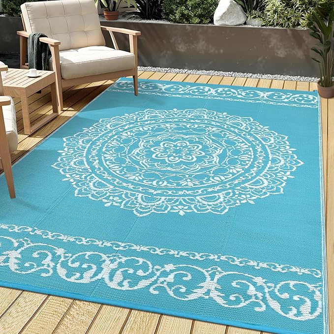 GAOMON Outdoor Patio Rug 8x10 Reversible Camping Mat, Stain-Resistant Plastic Straw Rug, Easy to Clean, Indoor Outdoor Carpet for Porch, Deck, Balcony, Beach, Garden, Teal/White(Medallion)