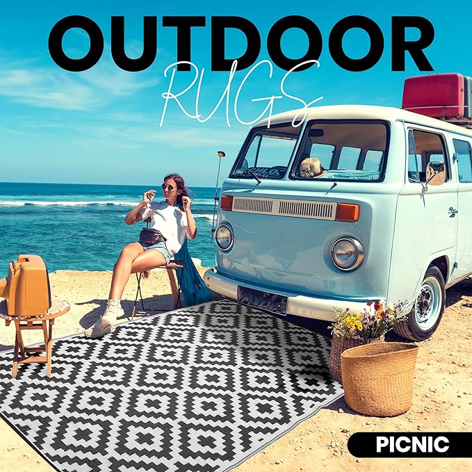 Utopia Home Waterproof Outdoor Rug for Patio 6 x 9 ft, Reversible Plastic Straw Mat for Camping, Picnics, Balcony, Patio, Diamond - Black & White