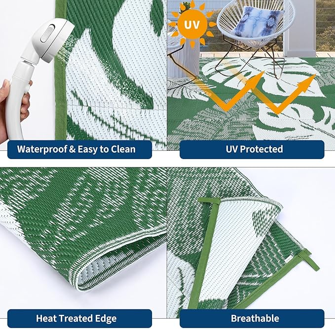 9x12 Outdoor Rug Waterproof Foldable Plastic Straw Carpet for Patio Porch Modern Leaf Print Reversible Mat Lightweight Floor Mat for Picnic, Backyard, Rv, Deck, Camper, Balcony,Green/White