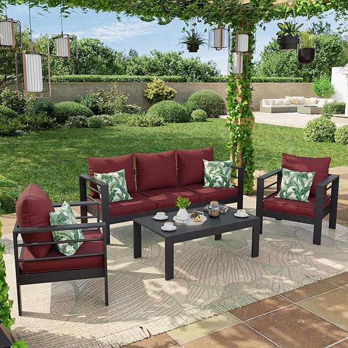Amopatio Outdoor Chair Cushions 22.5"× 20.3" × 4", Set of 4 with Removable Cover, Waterproof & Fade Resistant seat Cushions for Patio Furniture, Burgundy