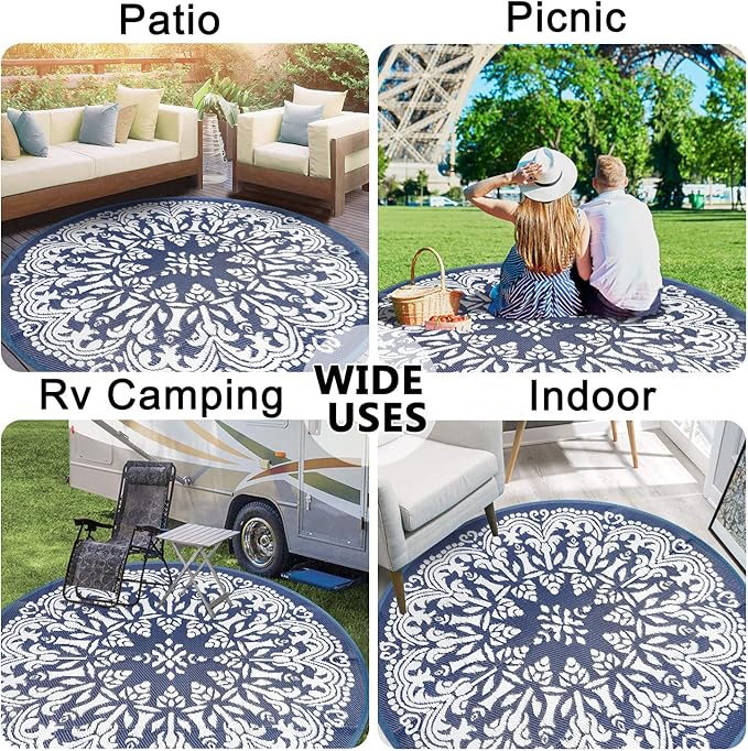Homcomoda Round Outdoor Patio Rug 8Ft Waterproof Indoor Outdoor Area Rug Blue Classic Style