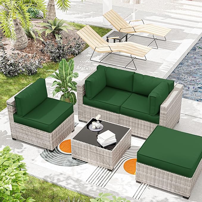 Outdoor Cushions for Patio Furniture with 5 Pillows, Waterproof Patio Furniture Cushions Replacement, 4" Deep Seat Outdoor Sectional Cushions for 4-seat Patio Furniture Chair Sofa Couch,Green