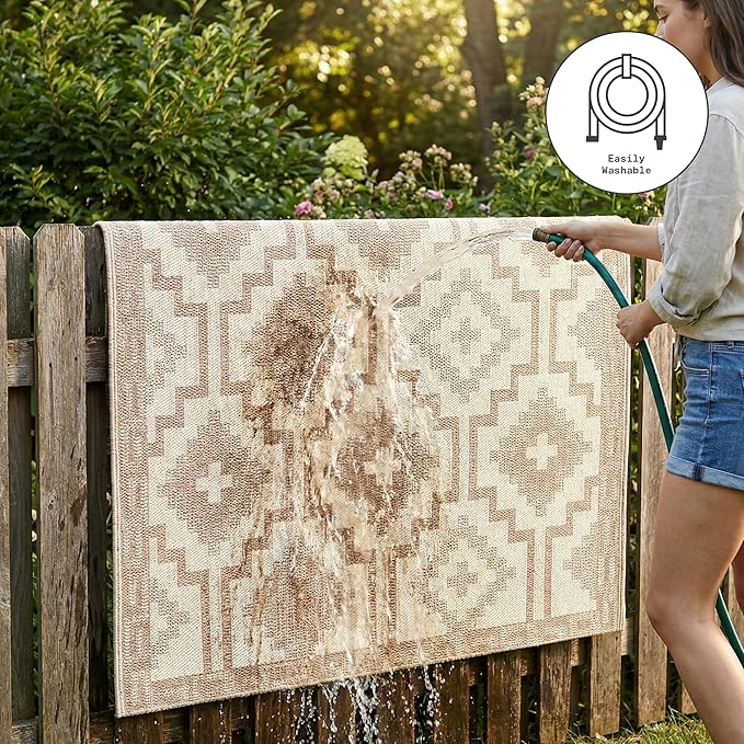 Fab Habitat Boho Vintage Tribal Outdoor Rug - Waterproof, Crease-Free Fade Resistant, Reversible - Recycled Plastic - Patio Porch Balcony Deck Yard Garden - Lhasa Mocha - 5x8 ft