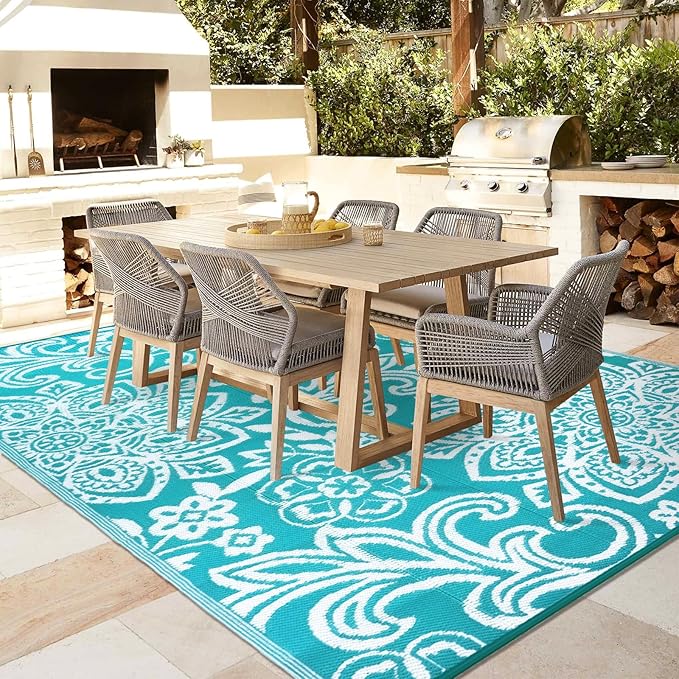 Findosom Waterproof Outdoor Rug 8' x 10' - Reversible Mandala Outdoor Plastic Straw Rug, Durable Foldable Patio Rug for RV, Deck, Balcony, Backyard, Picnic, Porch, Camping, Beach, Blue