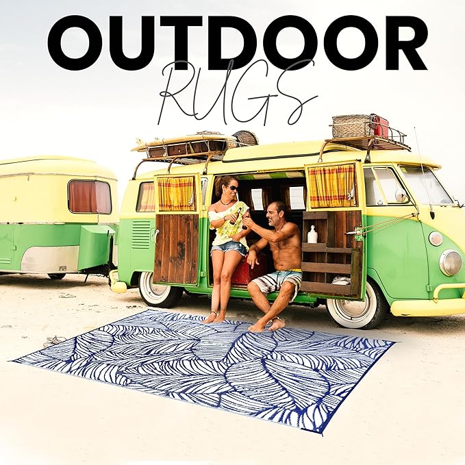 Utopia Home Waterproof Outdoor Rug for Patio 6 x 9 ft, Reversible Plastic Straw Mat for Camping, Picnics, Balcony, Patio, Leaves - Navy & White