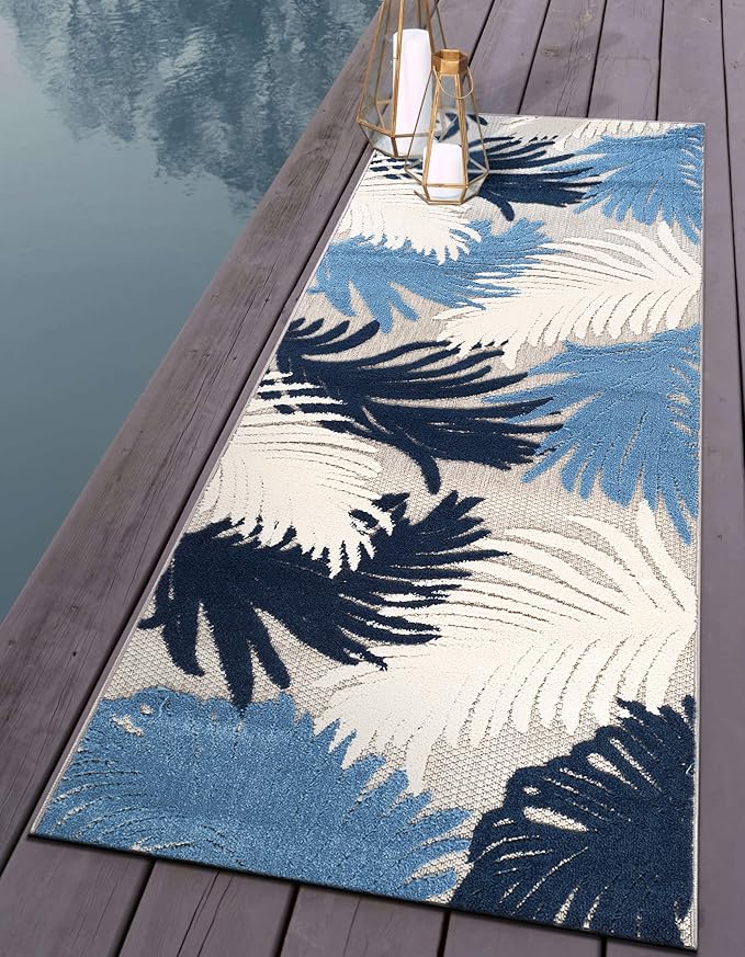 Rugshop Lucca Contemporary Floral Indoor/Outdoor 2' 7" X 12' Navy