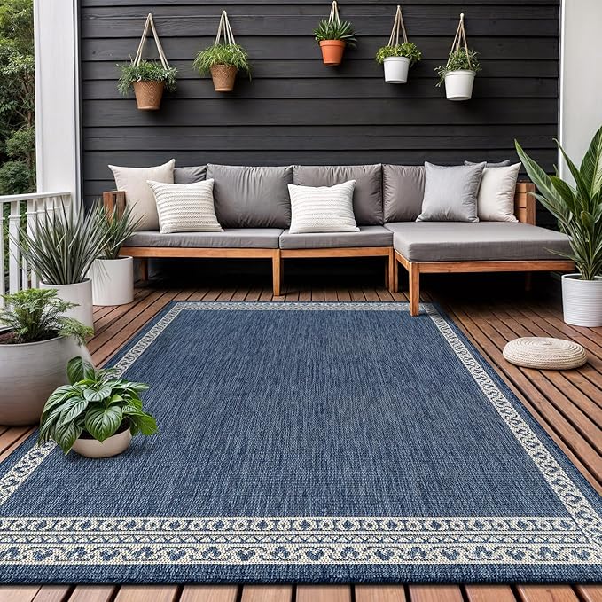 Washable Outdoor Rug 6x9 Modern Area Rugs Outdoor Carpets Bordered Pattern Non Shedding Waterproof Easy Clean Patio Deck Porch Living Room Bedroom Garden RV (6 X 9 Blue)