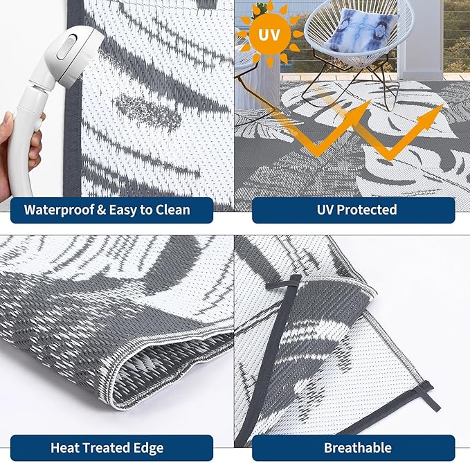 Outdoor Rug 8x10 Waterproof Patio Rugs Modern Leaf Print Reversible Mat for Front Door Rv Foldable Plastic Straw Carpet for Travel Trailers, Deck, Porch, Camper, Balcony, Beach,Grey/White