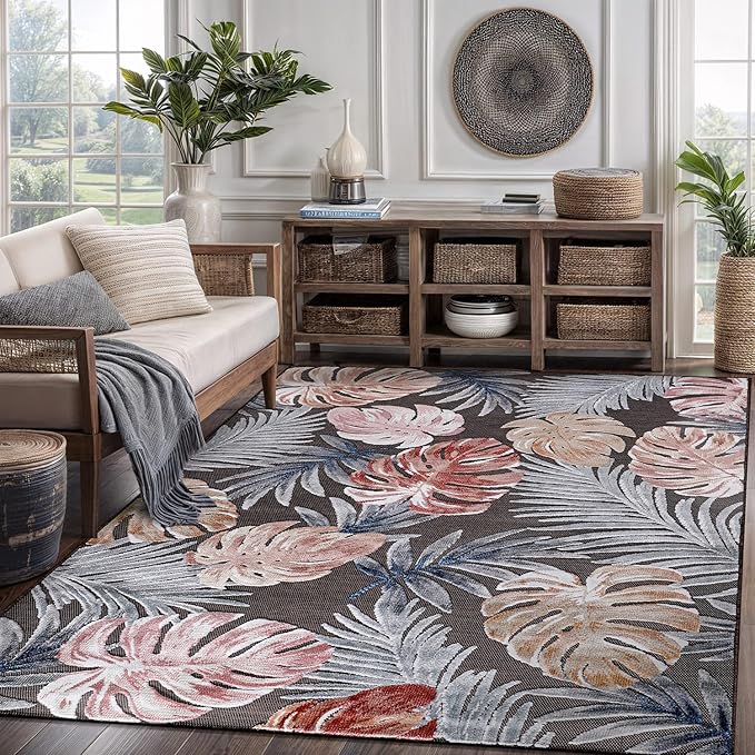 CAMILSON Indoor Outdoor Rug, Brown 6’x9’ Leaf Tropical Botanical Area Rugs for Indoor and Outdoor patios, Easy-Cleaning Non-Shedding Living Room, Garden and Kitchen Washable Outside Carpet (6x9)