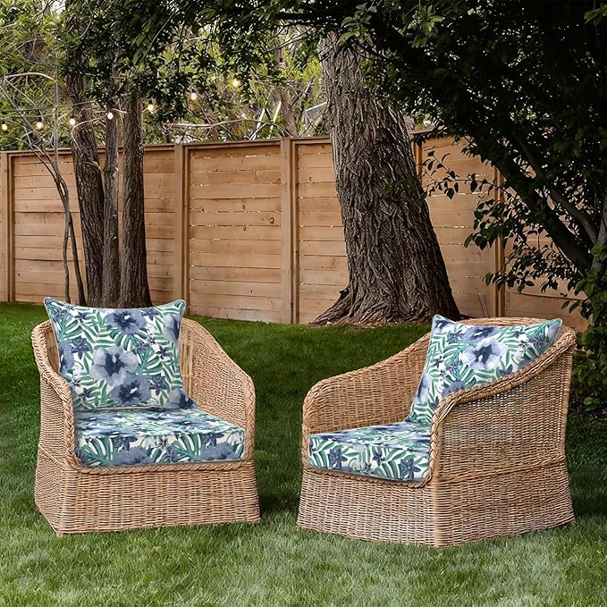 Outdoor Deep Seat Cushion Set, Water Repellent 24"x24" Patio Thick Cushions Replacement with Seat & Back Pillow for Patio Sofa, Wicker Chair, Couch - Blue Salmone Tropical