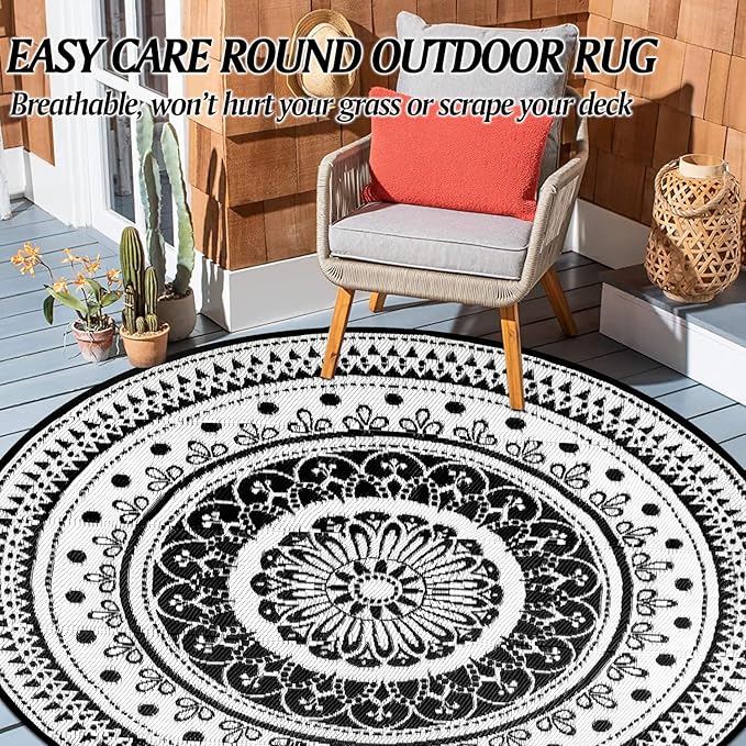Cekene Round Outdoor Rugs for Patio 8Ft Waterproof Reversible Outdoor Patio Rugs Black Lightweight Plastic Straw Rugs Portable RV Camping Mat Floor Carpet for Deck Porch Picnic BBQ