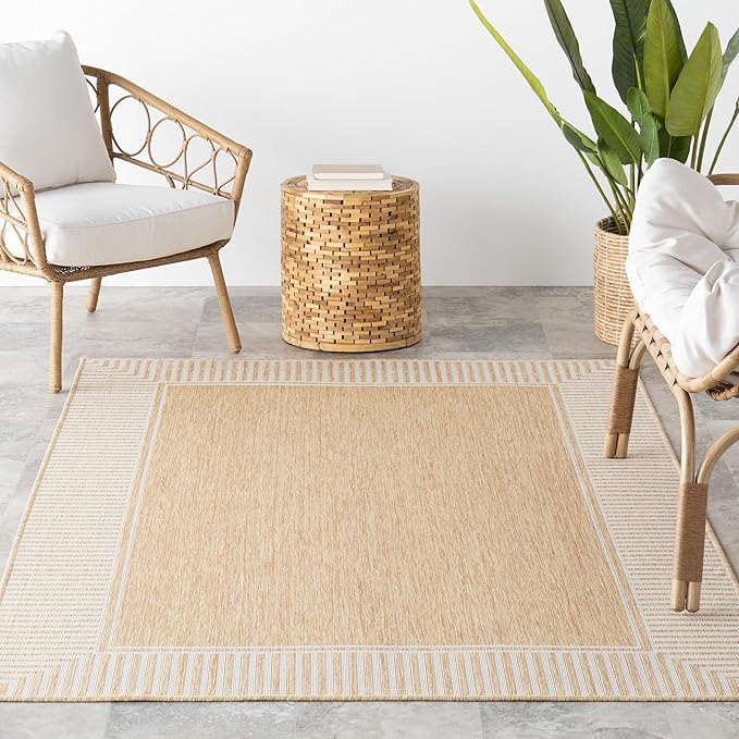 Nuloom Asha Tan/Ivory, 10' x 14', Casual, Striped Border, Soft and Cozy, High Traffic, Stain Resistant, Easy Clean, Durable Area Rug for Indoor/Outdoor Patio, Deck, Porch, Garden, Courtyard